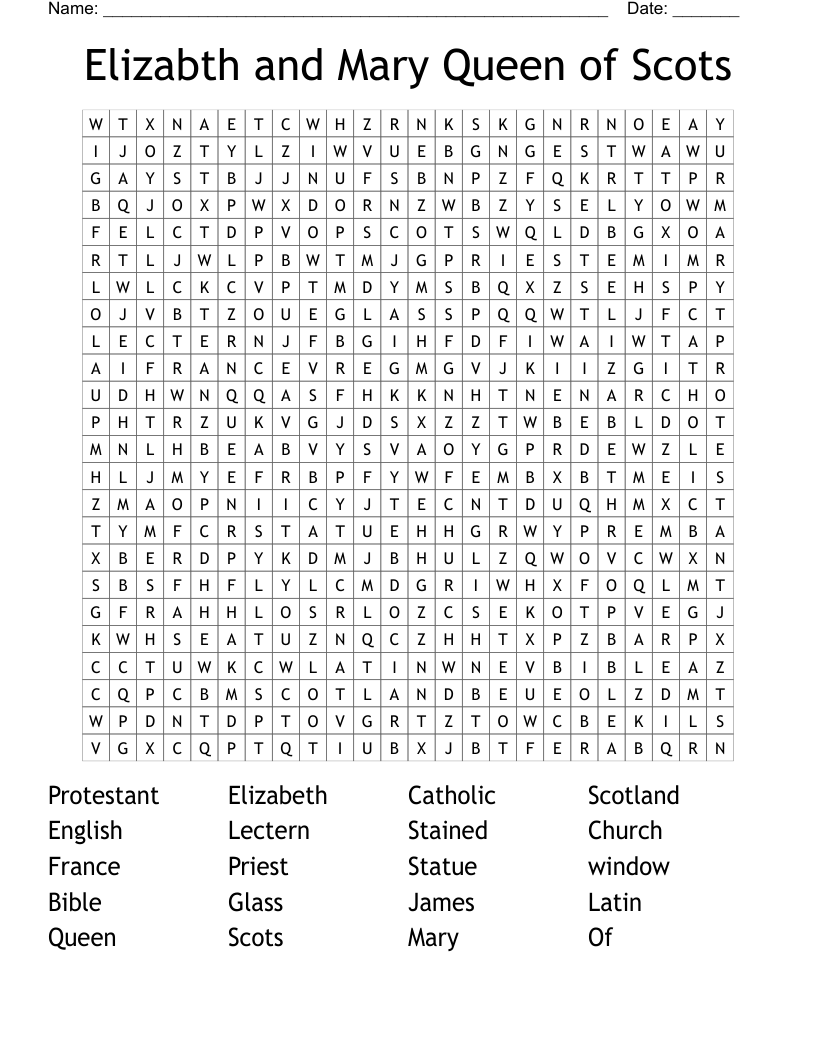 Elizabth and Mary Queen of Scots Word Search
