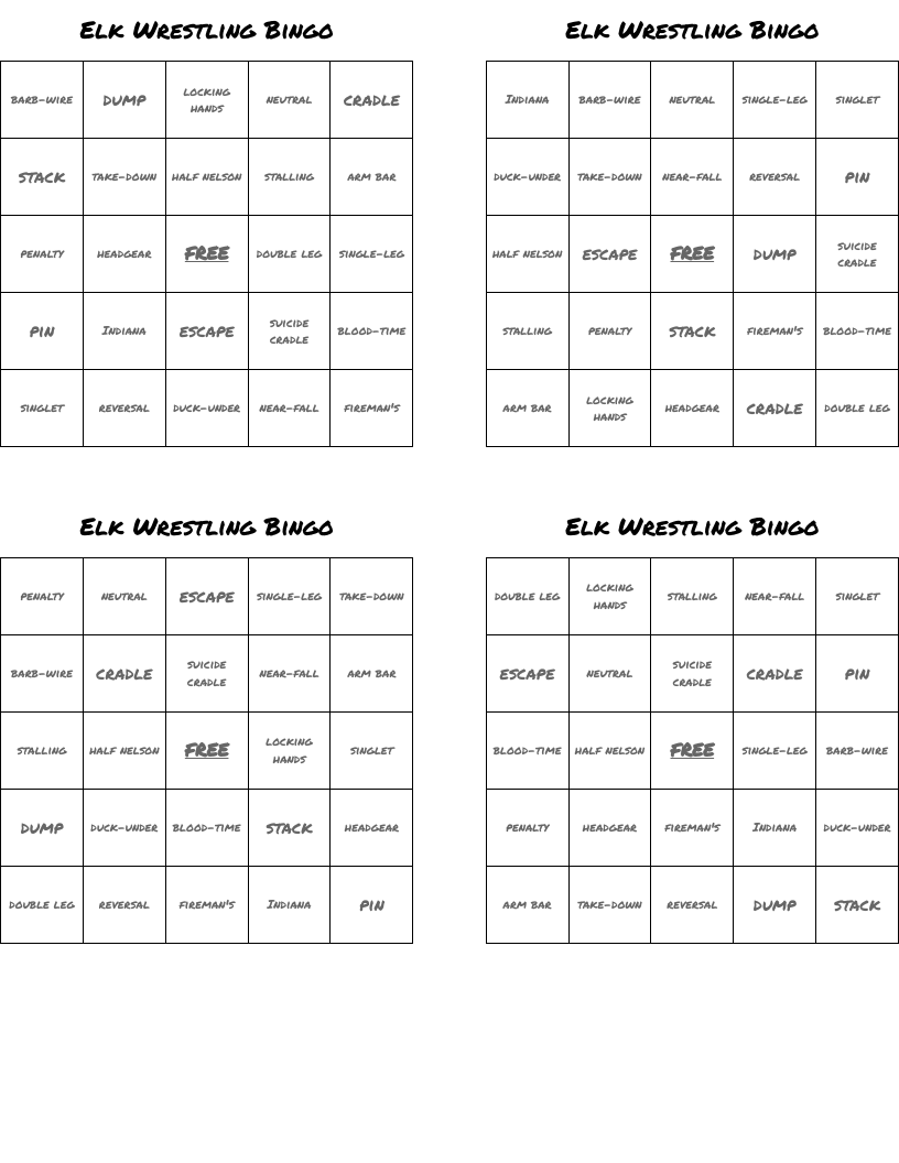Elk Wrestling Bingo