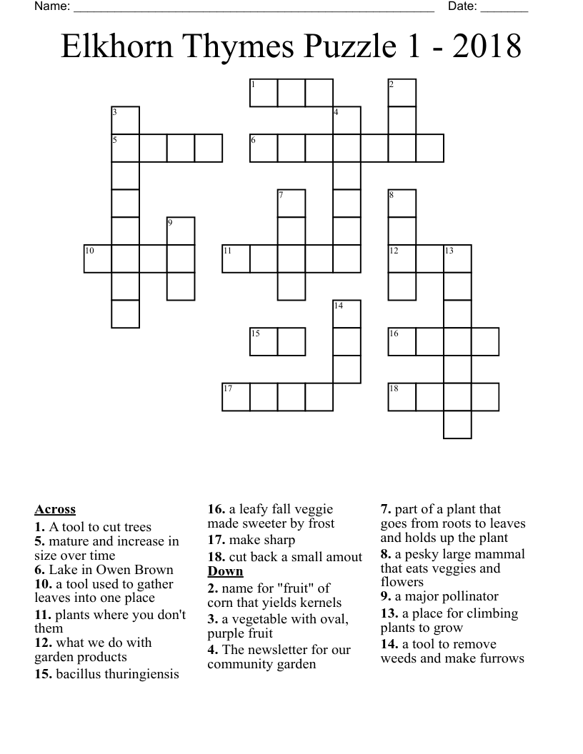 Elkhorn Thymes Puzzle 1 - 2018 Crossword