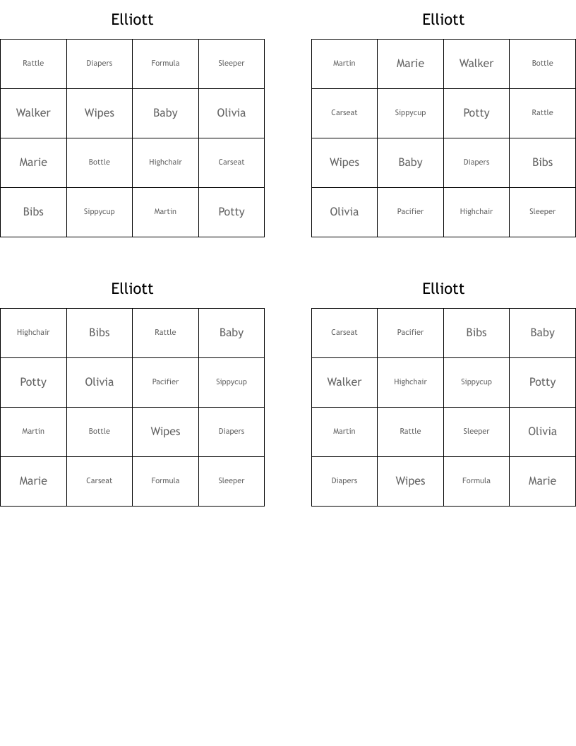 Elliott  Bingo Cards
