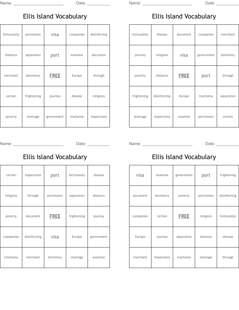 Ellis Island Vocabulary  Bingo Cards