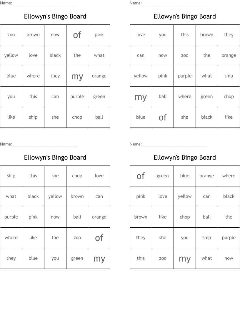 Ellowyn's Bingo Board