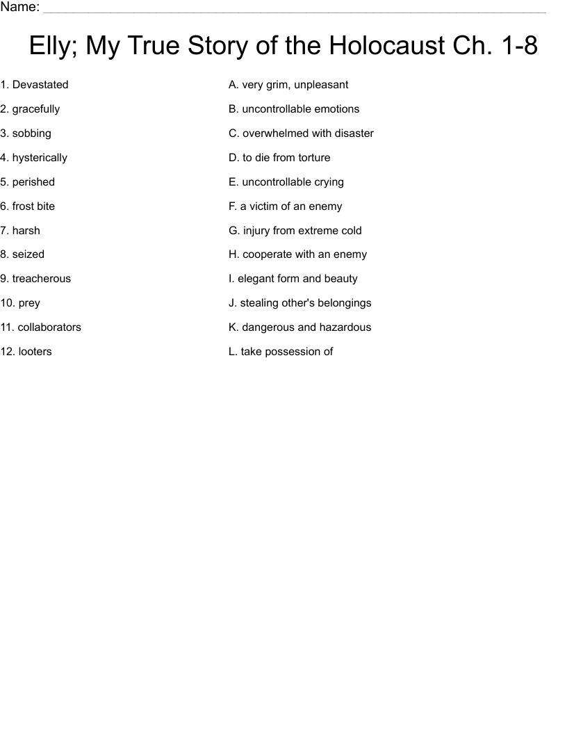 Elly; My True Story of the Holocaust Ch. 1-8 Worksheet