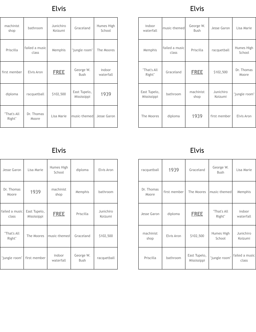 Elvis Bingo Cards
