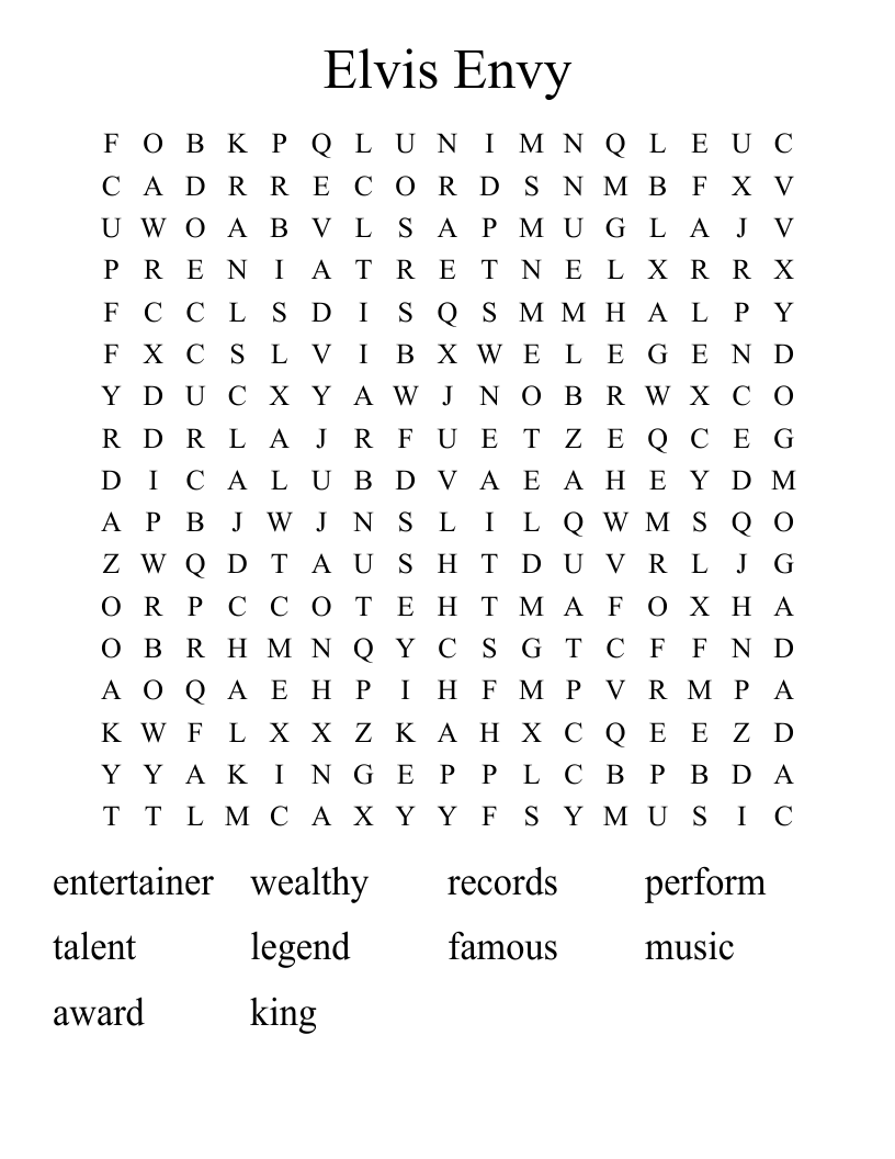 Elvis Envy Word Search