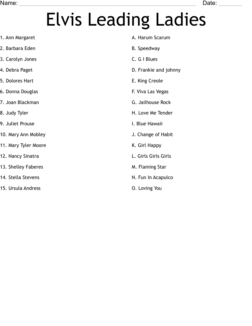 Elvis Leading Ladies Worksheet