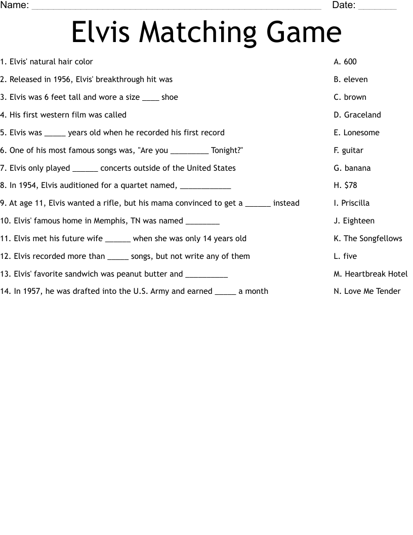 Elvis Matching Game Worksheet