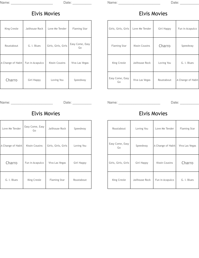 Elvis Movies Bingo Cards