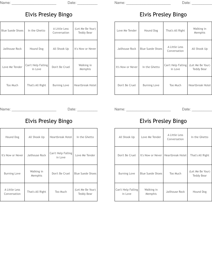 Elvis Presley Bingo
