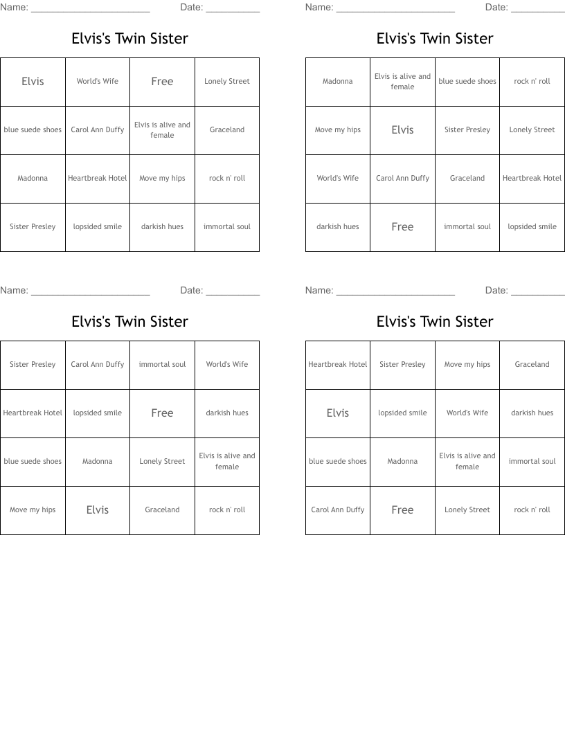 Elvis's Twin Sister Bingo Cards