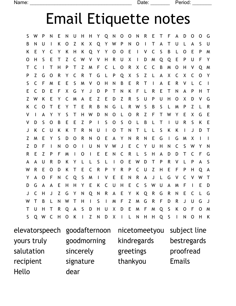 Email Etiquette notes Word Search