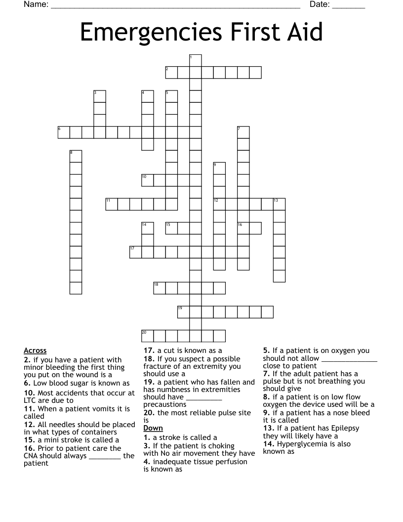 Emergencies First Aid  Crossword