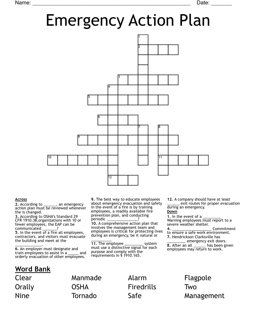 Emergency Action Plan Crossword