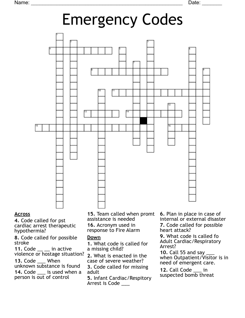 Emergency Codes Crossword