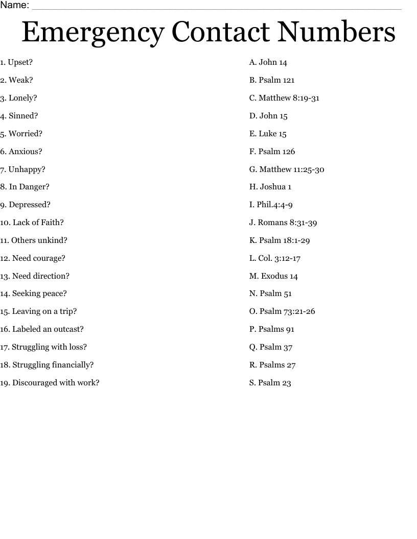 Emergency Contact Numbers Worksheet