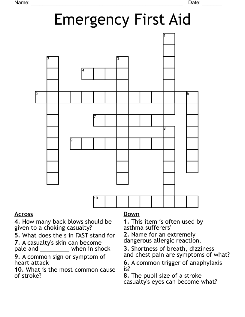 Emergency First Aid  Crossword