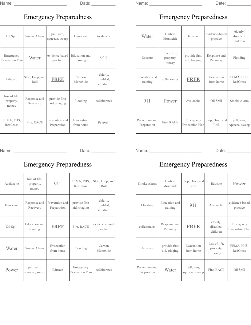 Emergency Preparedness Bingo Cards