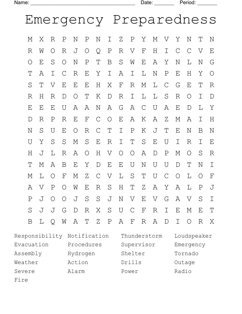 Emergency Preparedness Word Search