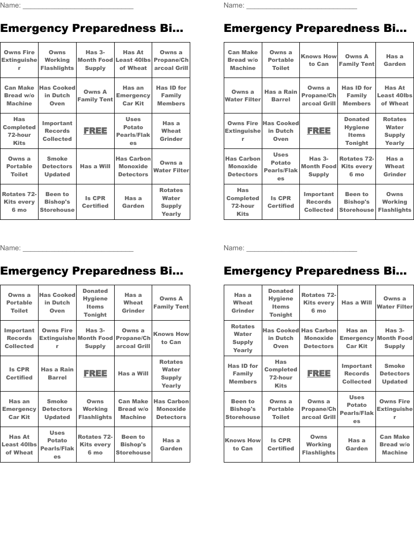 Emergency Preparedness Bingo