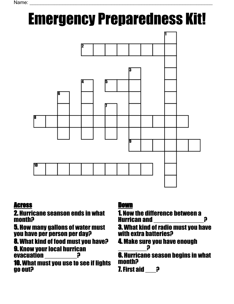 Emergency Preparedness Kit! Crossword