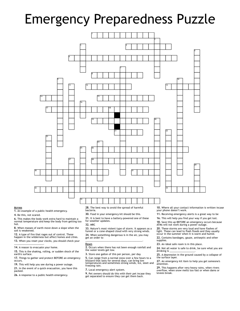 Emergency Preparedness Puzzle Crossword