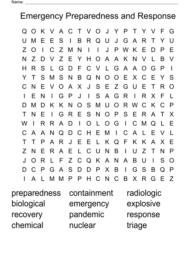 Emergency Preparedness and Response Word Search