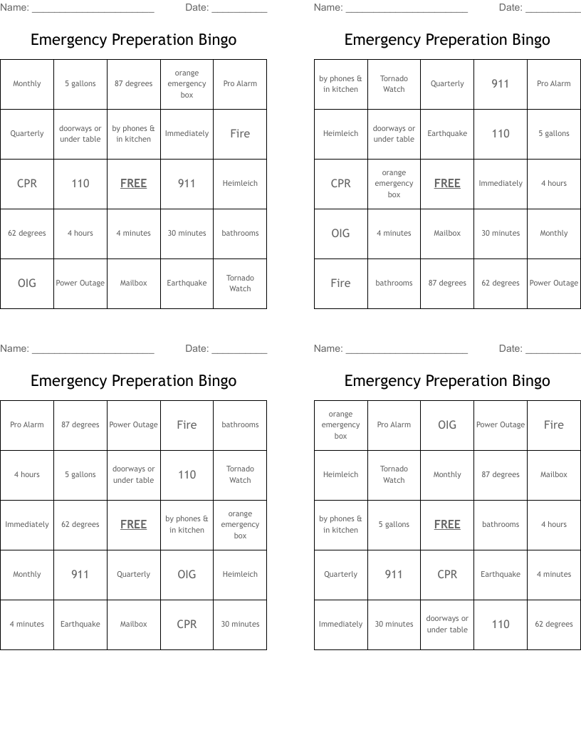 Emergency Preperation Bingo 