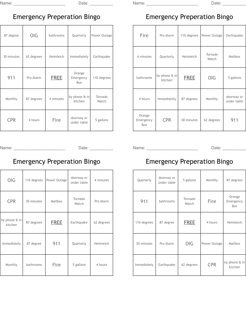 Emergency Preperation Bingo 
