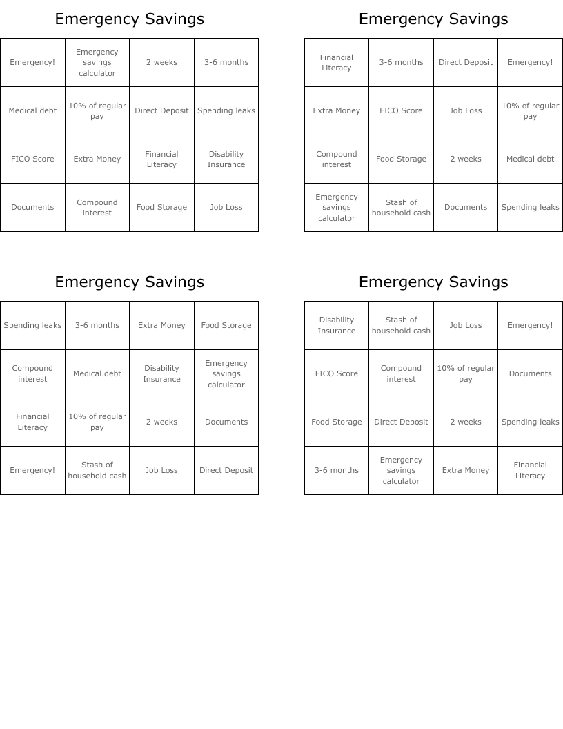 Emergency Savings Bingo Cards