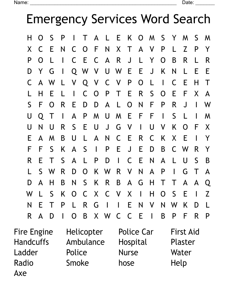 Emergency Services Word Search 
