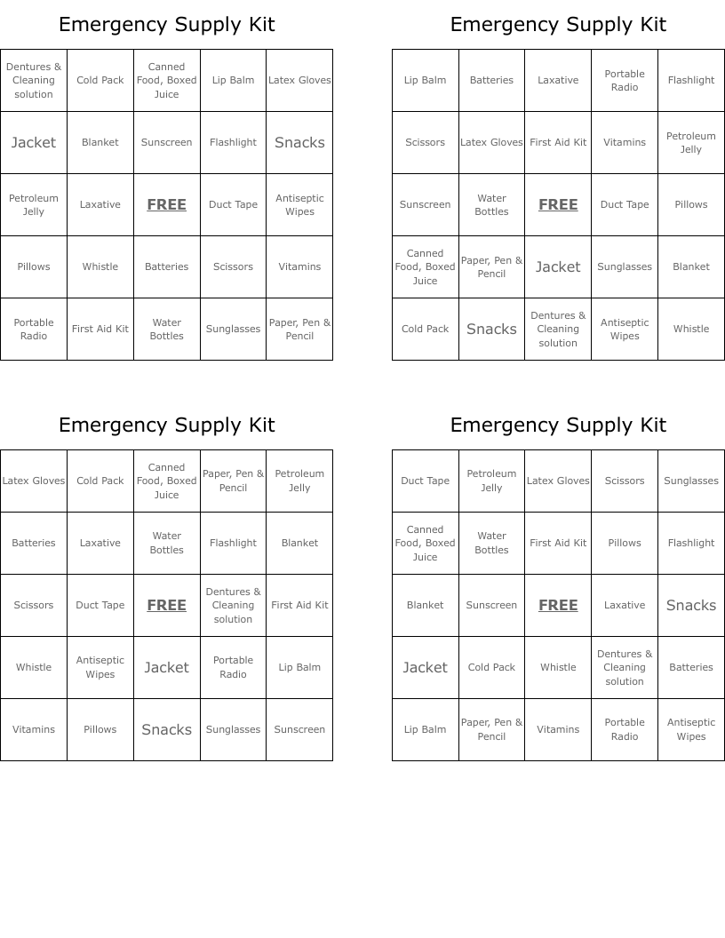Emergency Supply Kit Bingo Cards