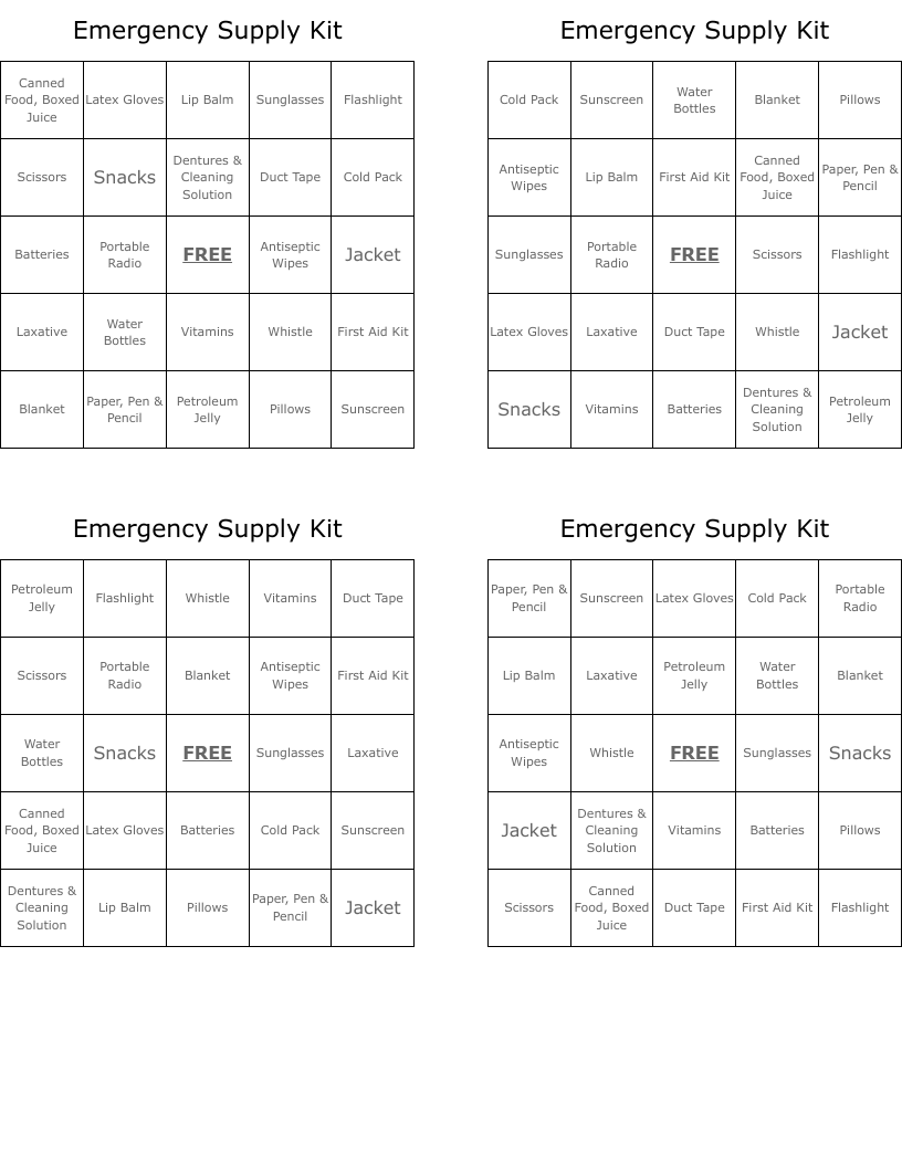 Emergency Supply Kit Bingo Cards