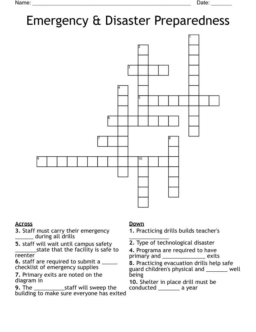 Emergency & Disaster Preparedness Crossword