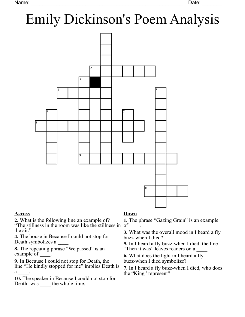 Emily Dickinson's Poem Analysis Crossword