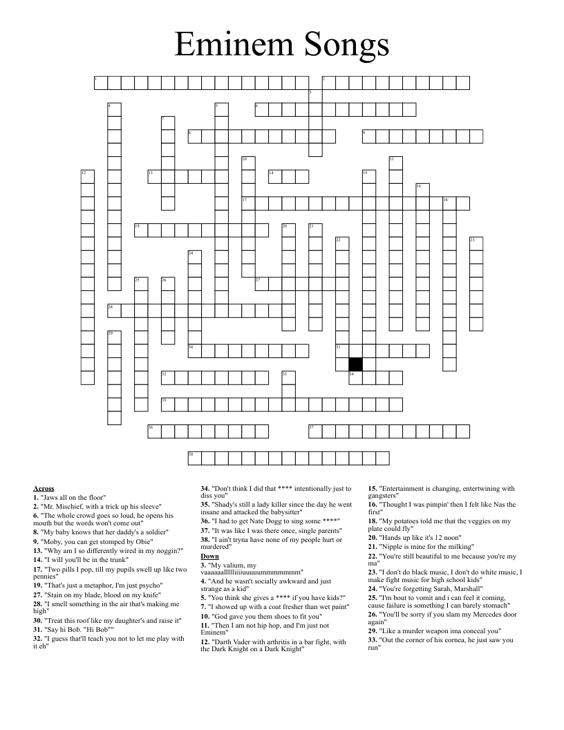 Eminem Songs Crossword