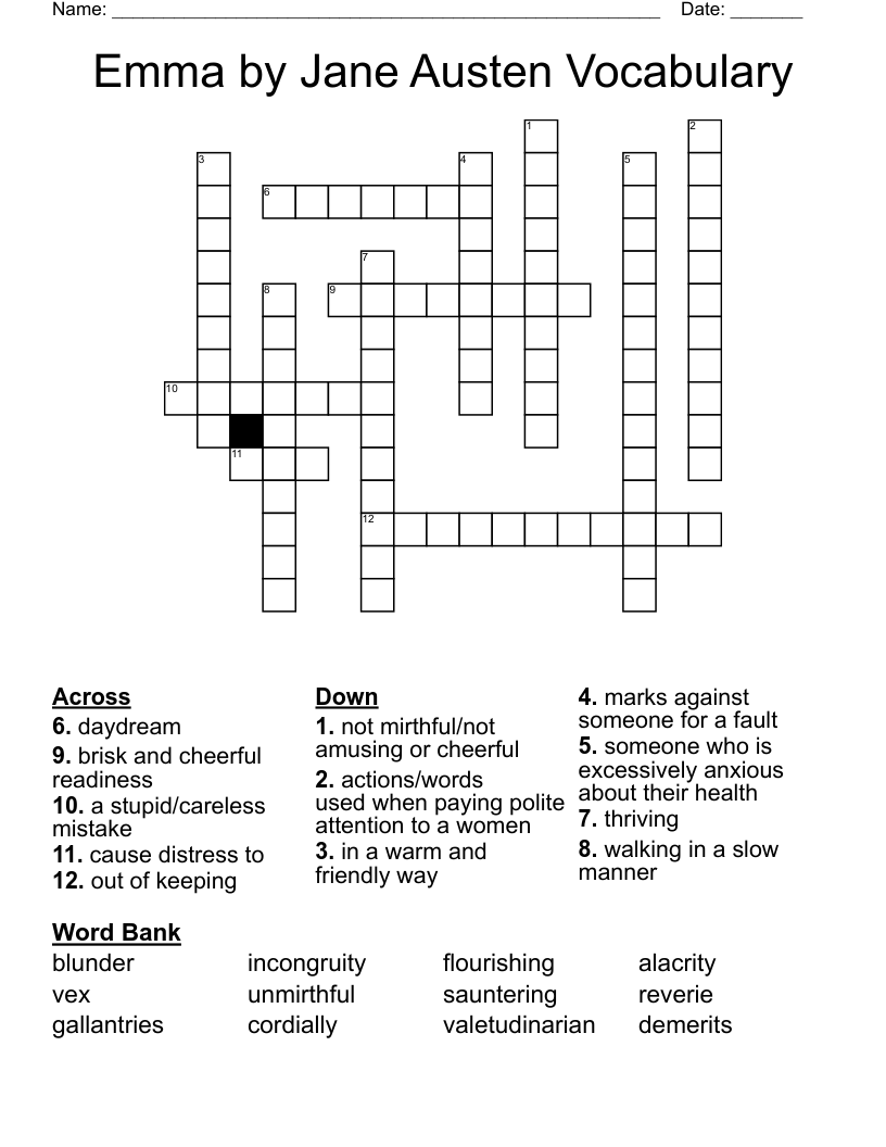 Emma by Jane Austen Vocabulary Crossword