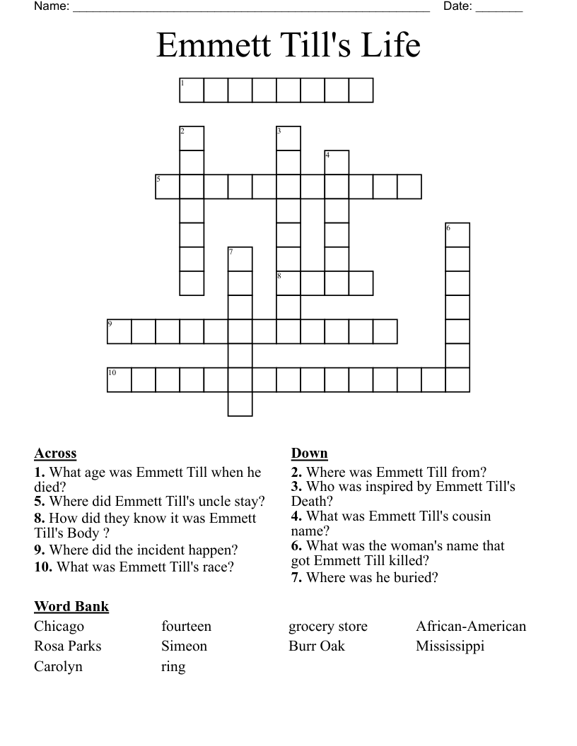Emmett Till's Life  Crossword