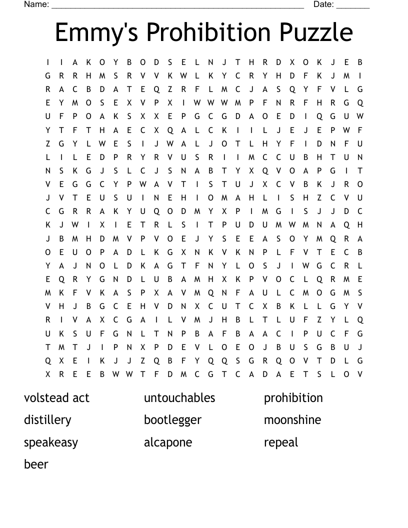 Emmy's Prohibition Puzzle Word Search