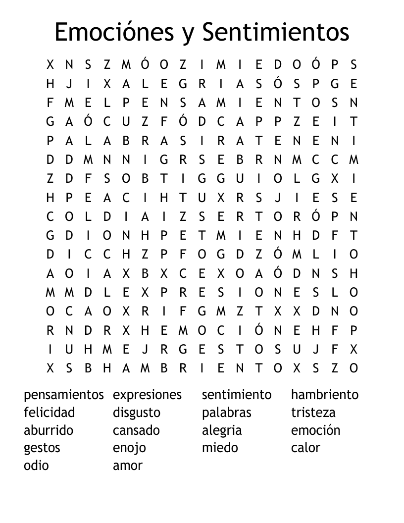 Emociónes y Sentimientos Word Search