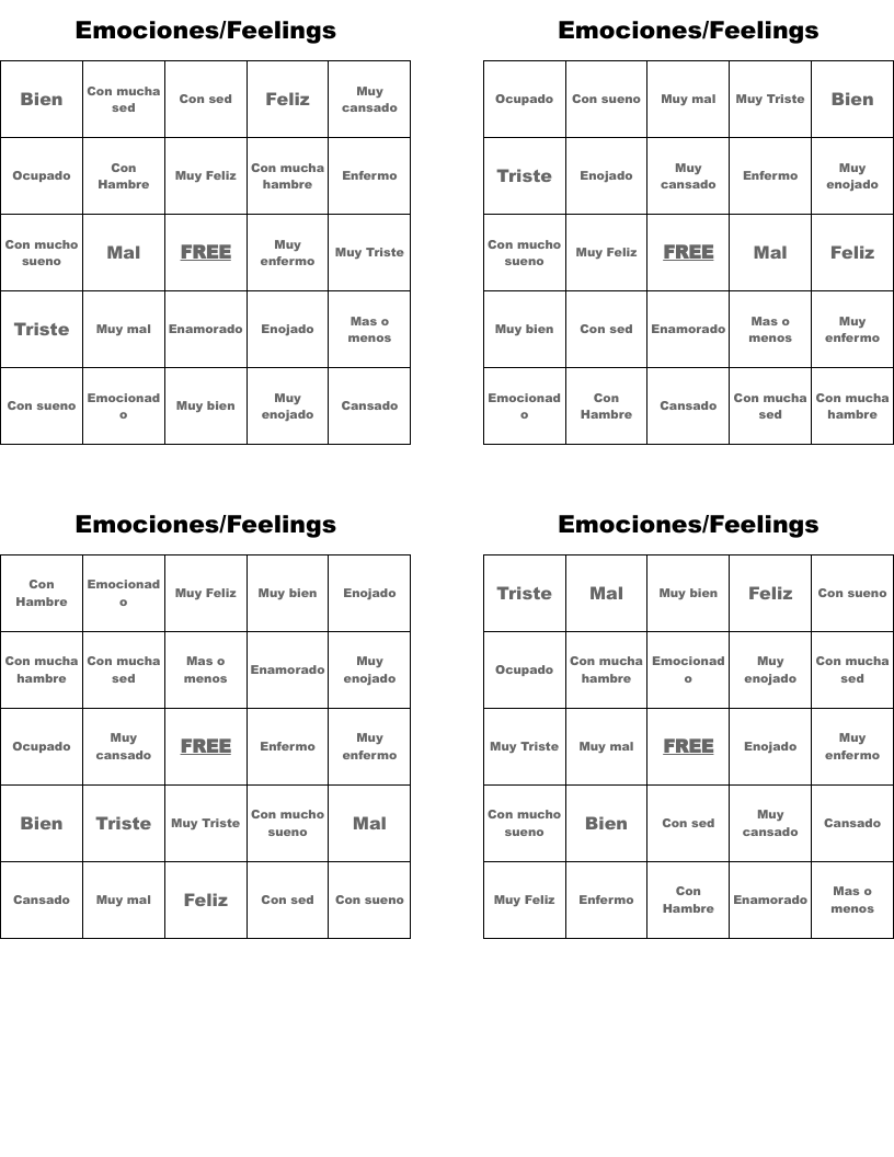 Emociones/Feelings Bingo Cards