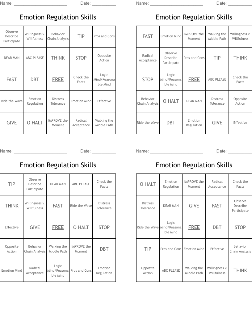 Emotion Regulation Skills Bingo Cards