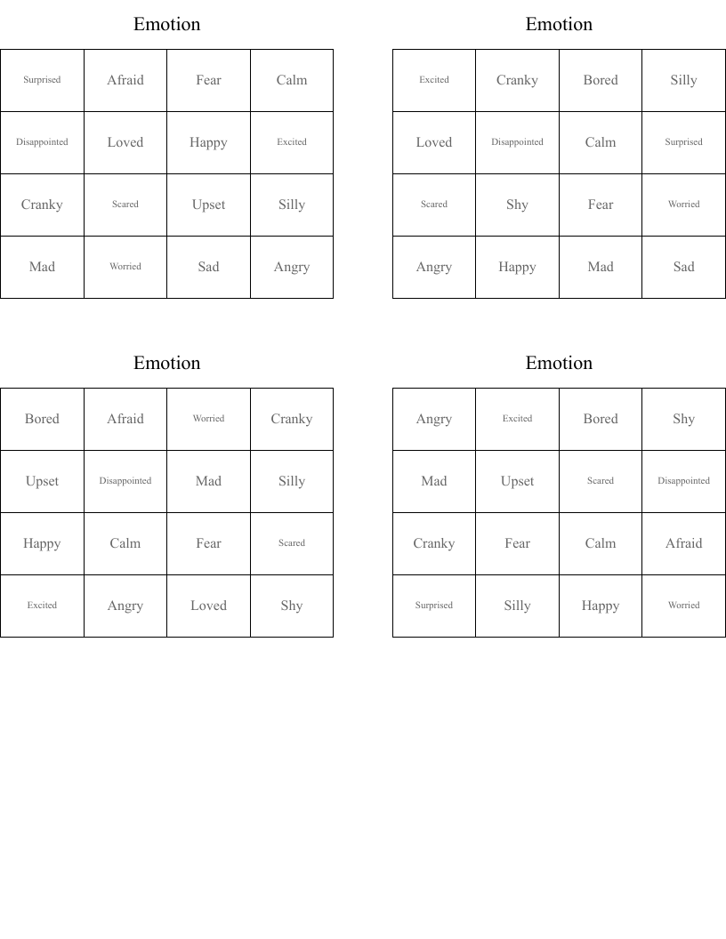 Emotion  Bingo Cards