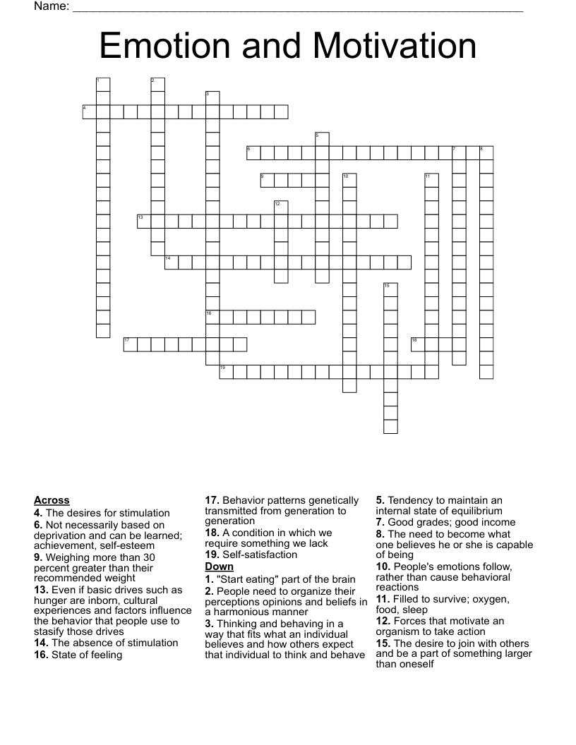Emotion and Motivation  Crossword
