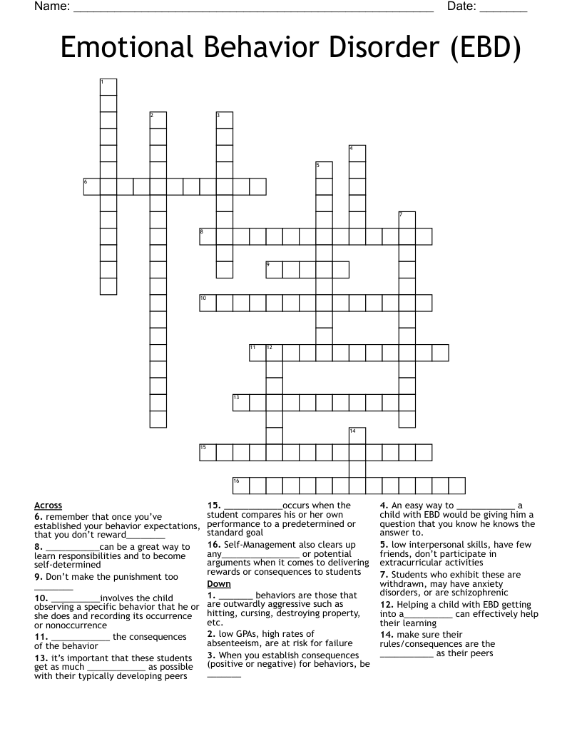 Emotional Behavior Disorder (EBD) Crossword