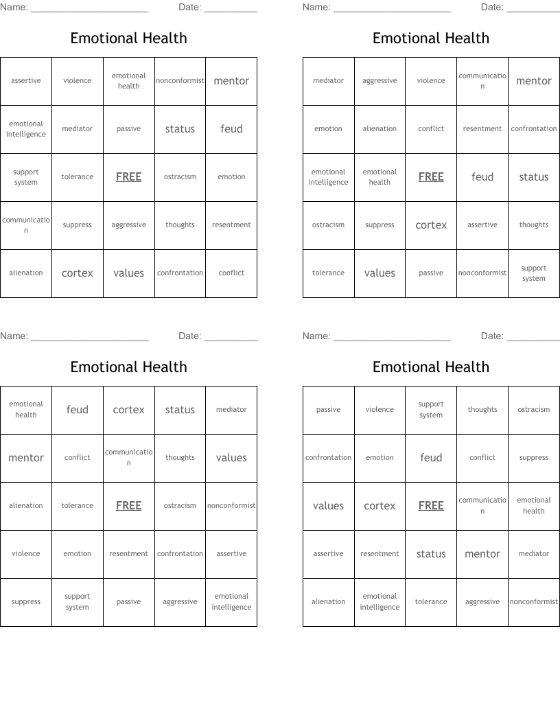 Emotional Health Bingo Cards