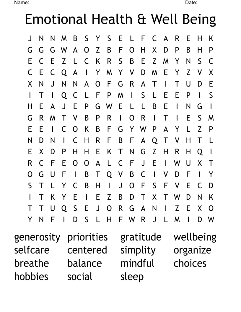 Emotional Health & Well Being Word Search