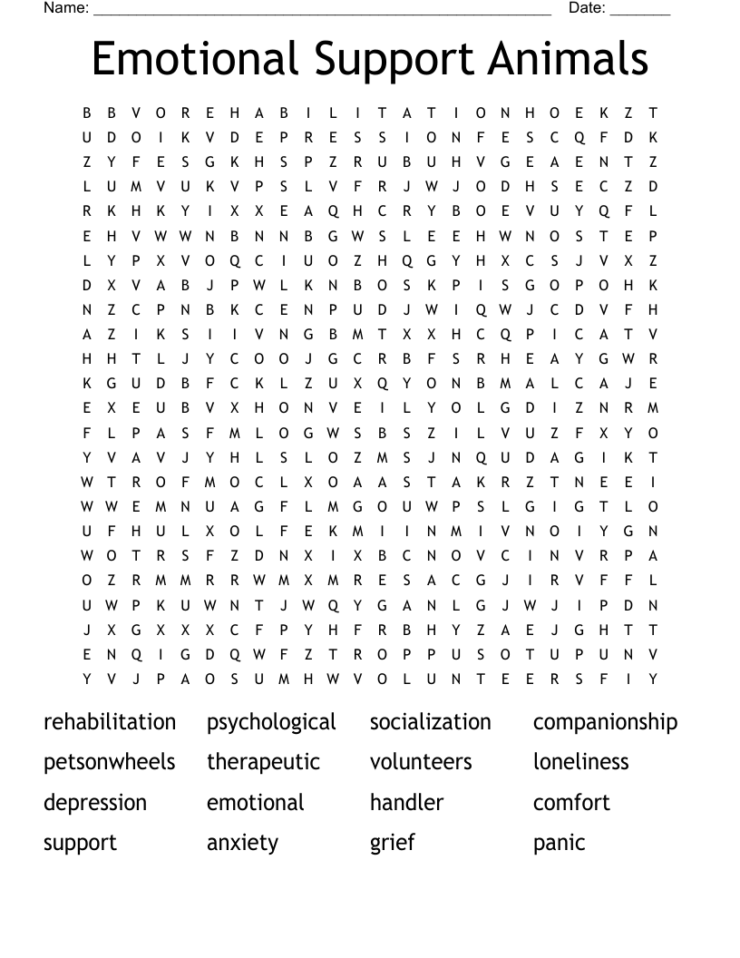 Emotional Support Animals Word Search