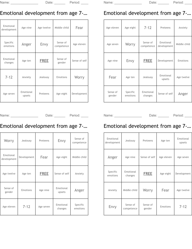 Emotional development from age 7-12 Bingo Cards