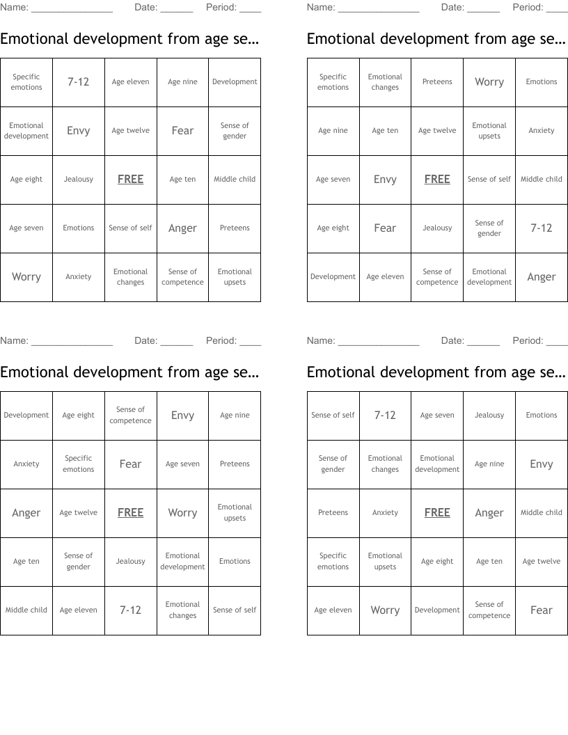 Emotional development from age seven to twelve  Bingo Cards