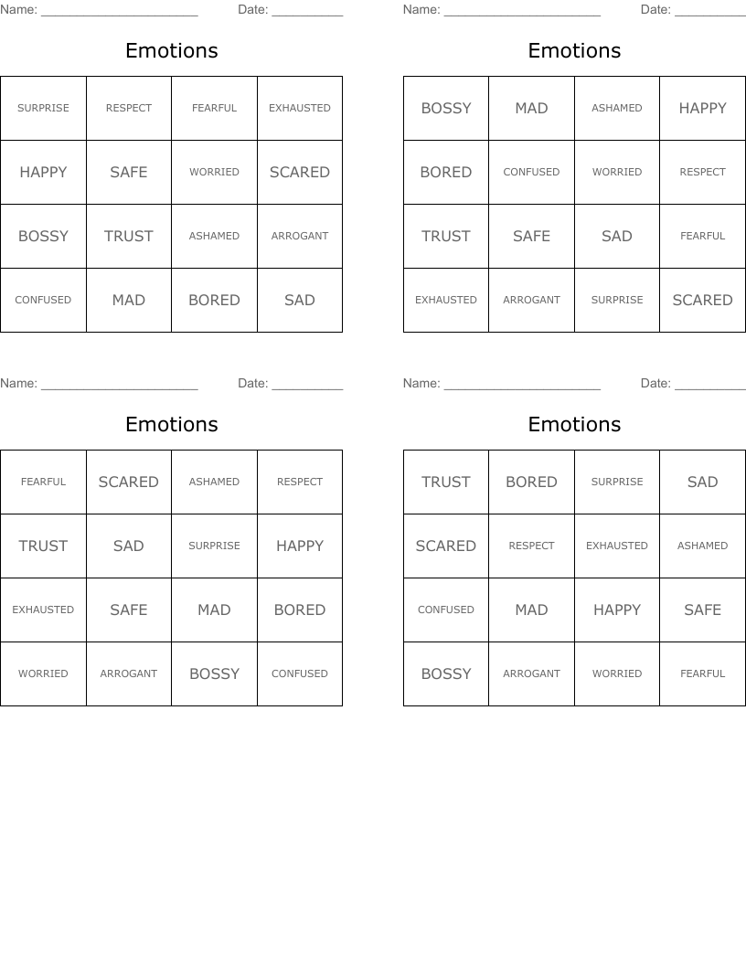 Emotions Bingo Cards